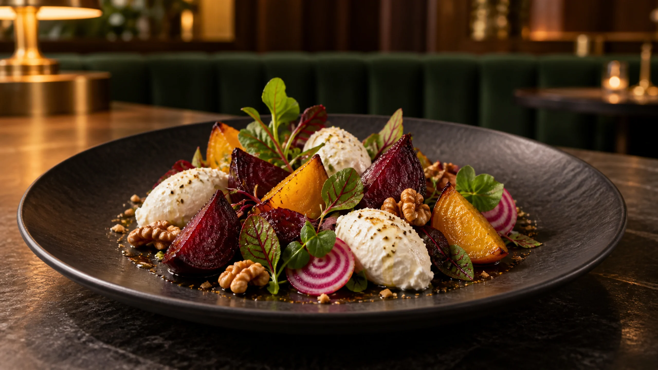 Roasted beetroot with goat cheese, walnuts and tender leaves