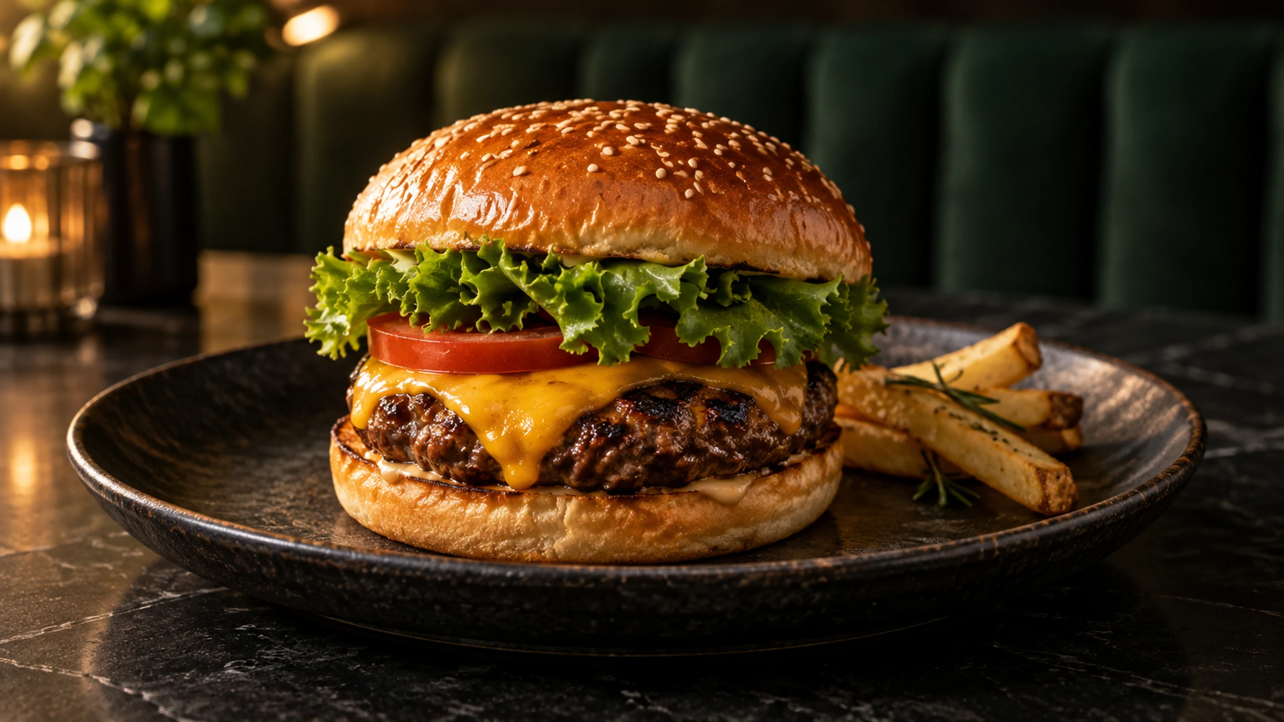 Golden brioche burger with lettuce, tomato, cheddar and chargrilled beef on a black ceramic plate