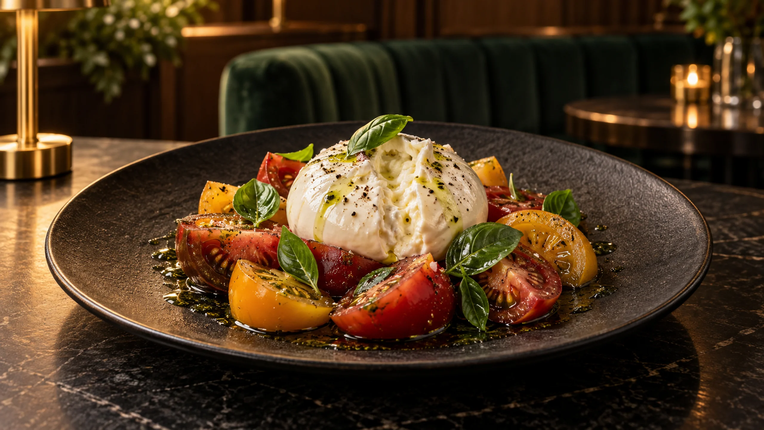 Creamy burrata with ripe tomatoes, basil and herb oil