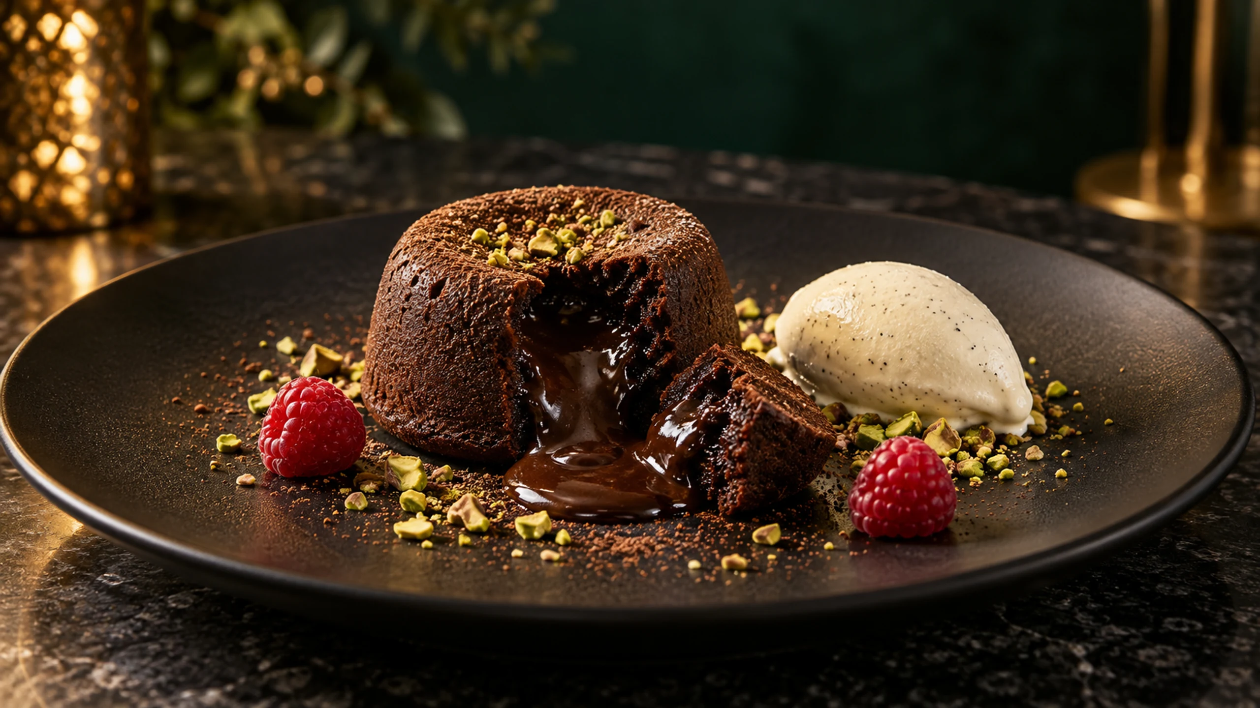 Warm chocolate fondant with vanilla ice cream, pistachio and raspberries