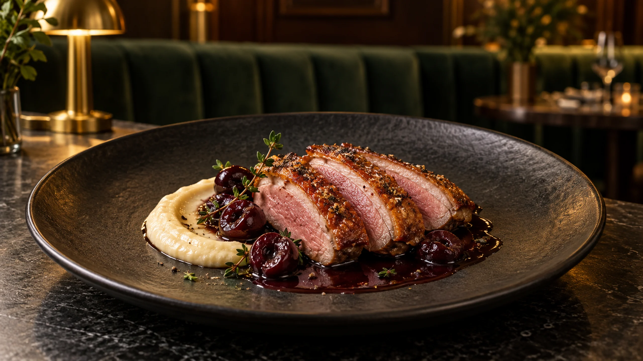 Rosy sliced duck breast with cherries and glossy jus