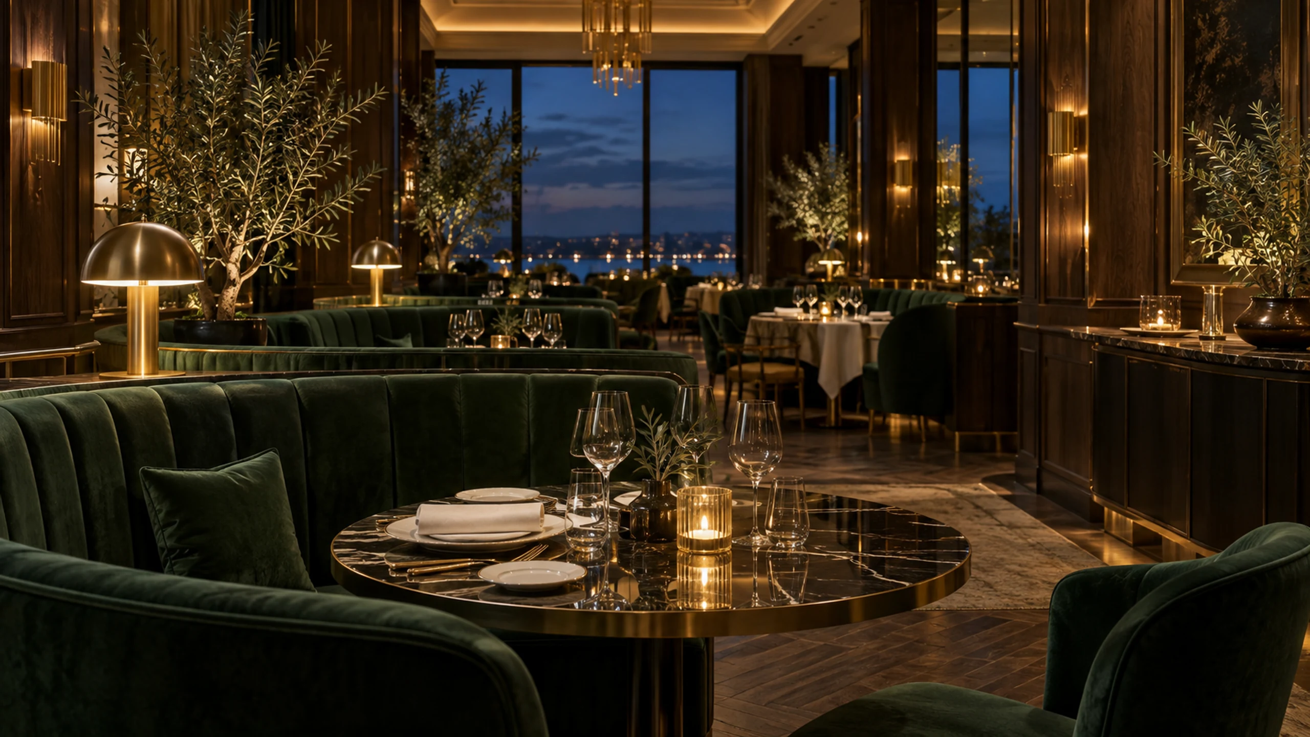 Intimate restaurant with forest-green velvet booths, candlelit marble tables and warm brass lamps