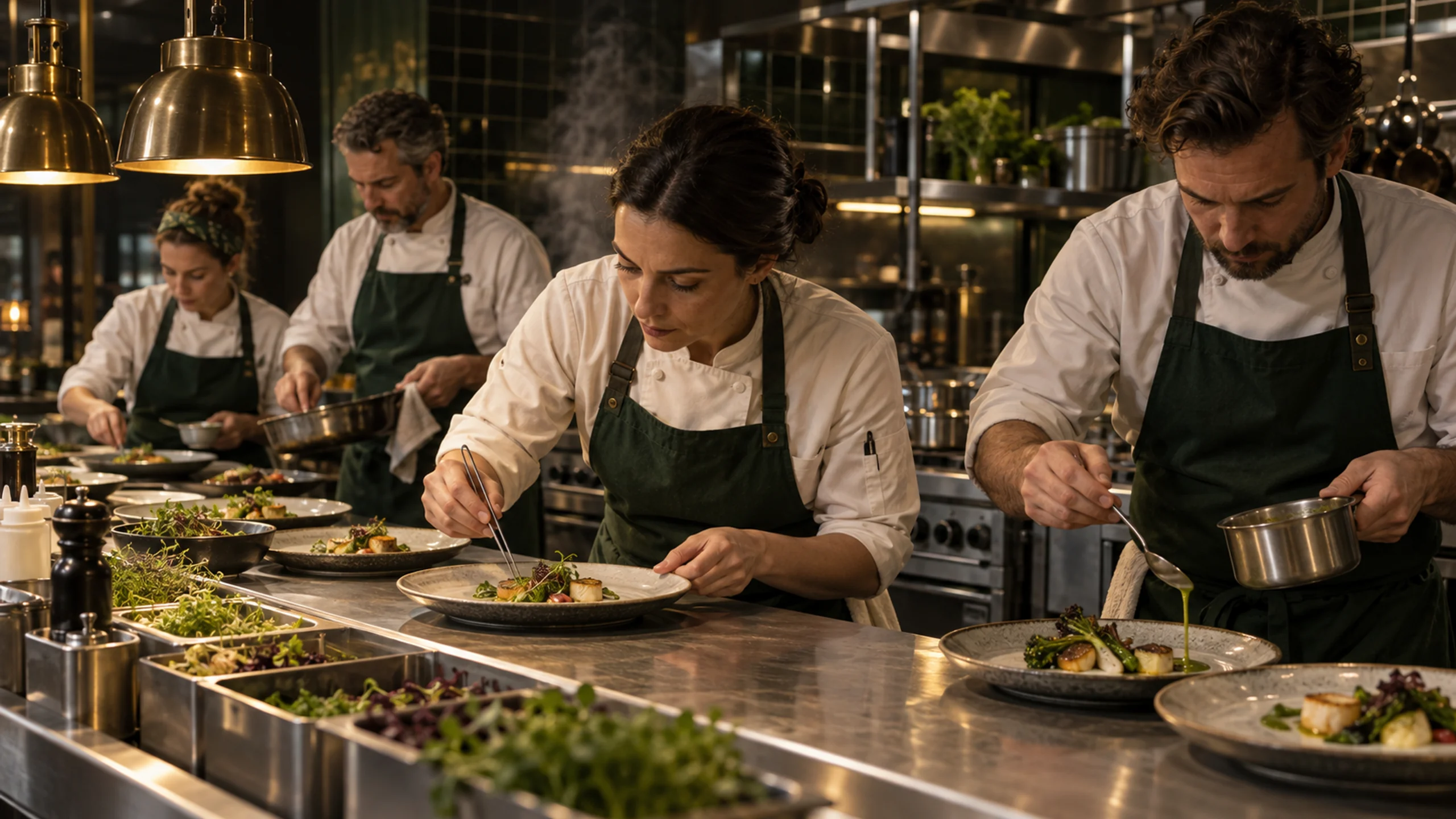A chef team gathered around the pass in Verdant’s open kitchen