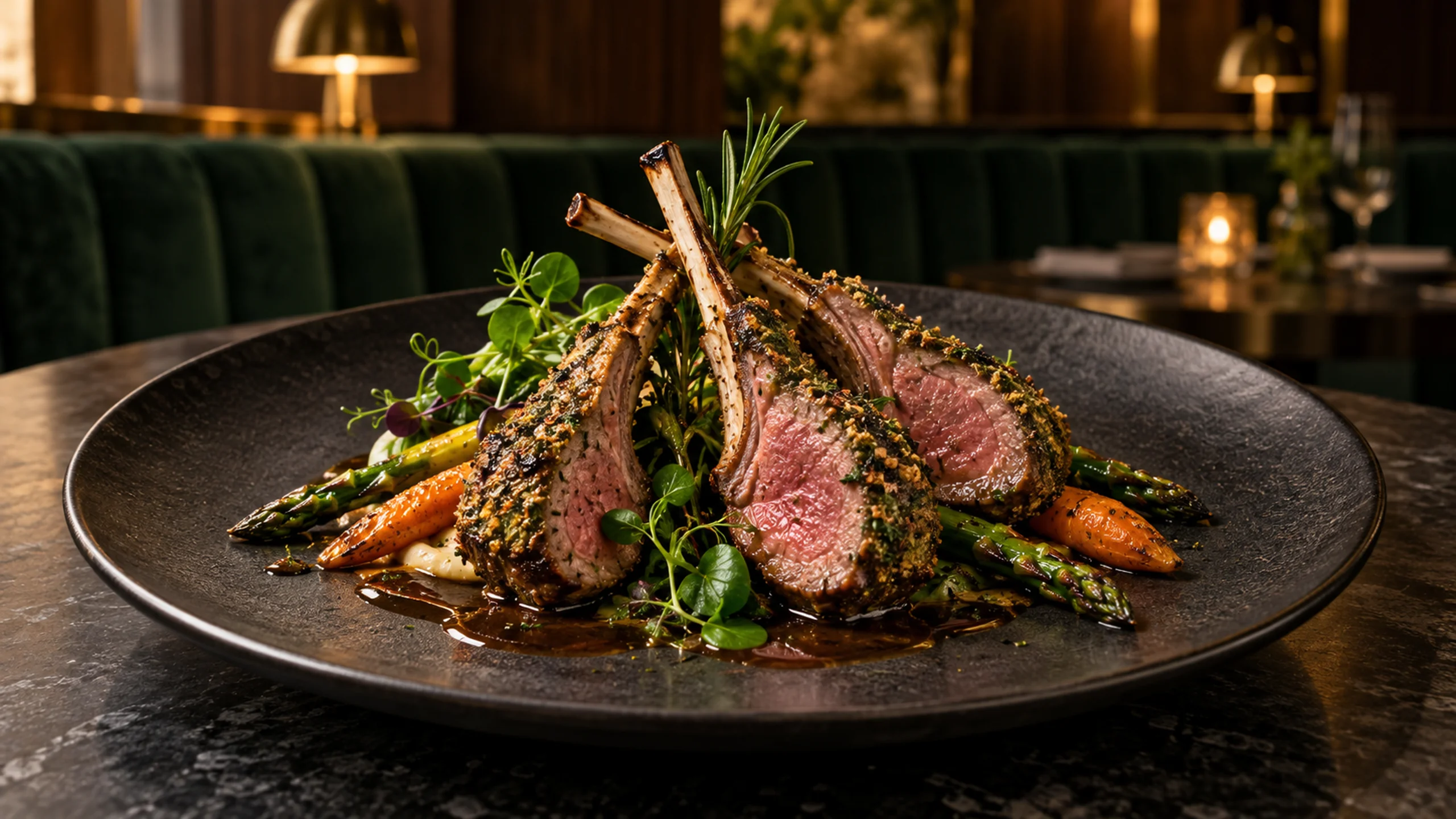 Pink lamb loin with seasonal greens and rosemary jus