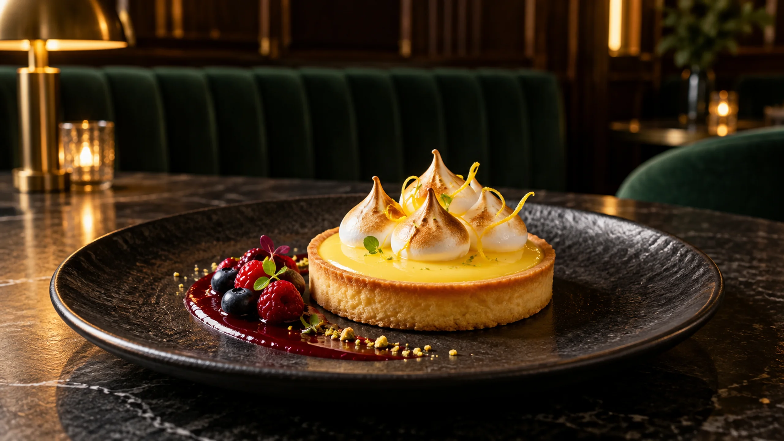 Lemon tart with toasted meringue on a dark plate