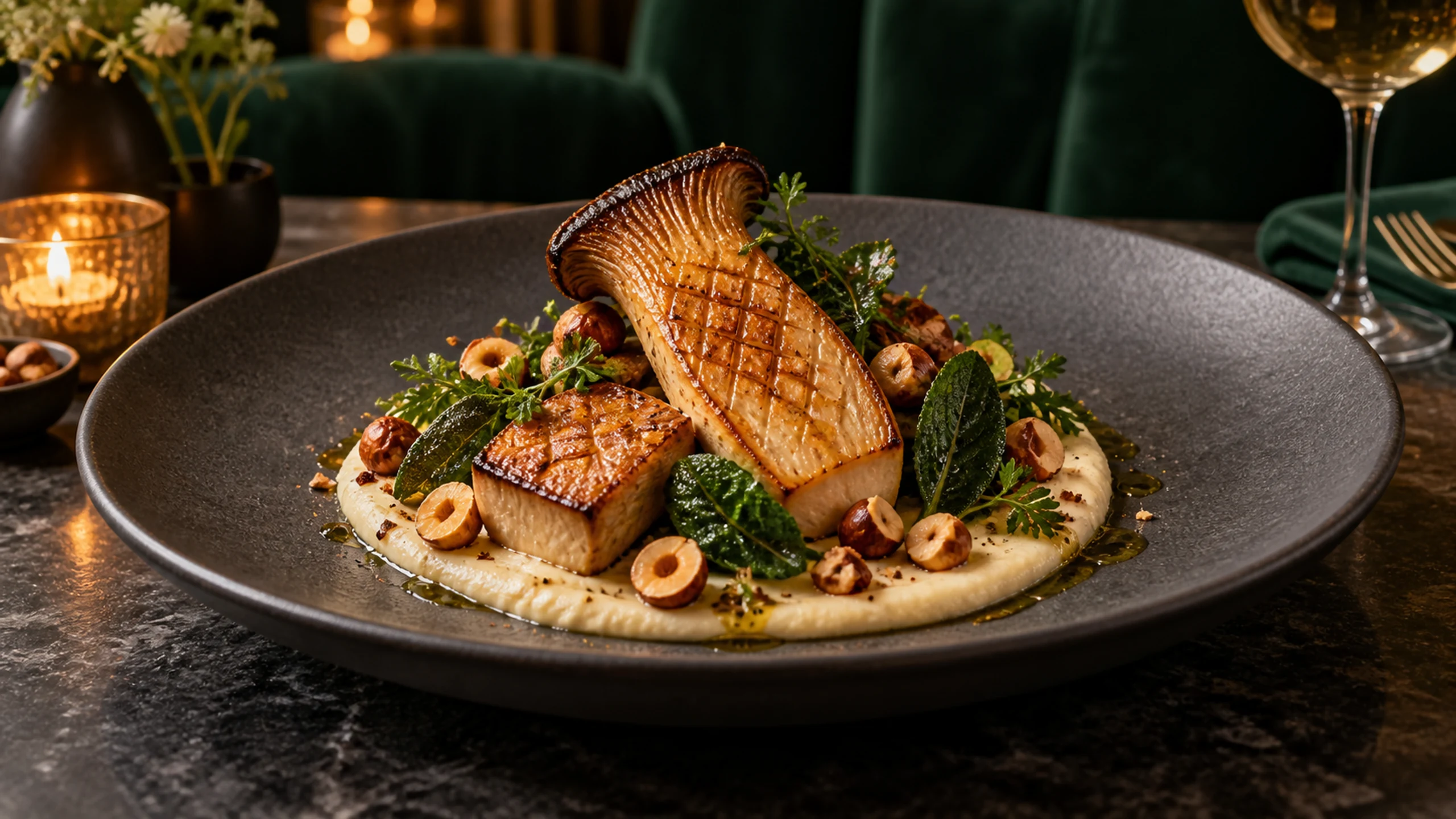 Seared king oyster mushrooms with celeriac purée, hazelnuts and herbs
