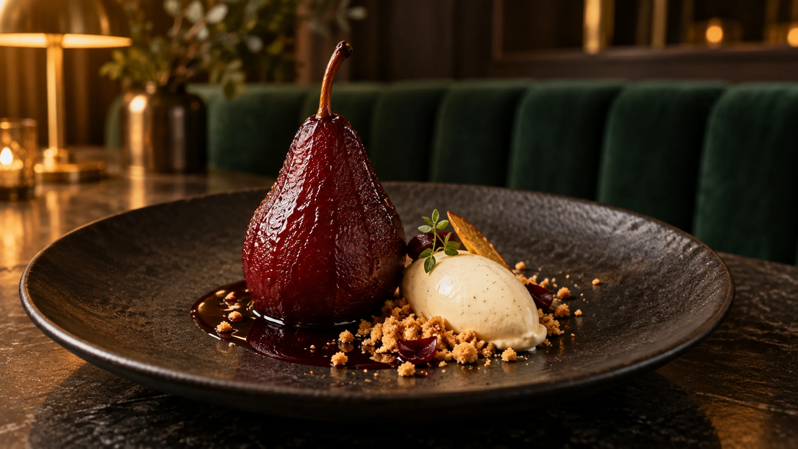 Poached pear with vanilla cream and golden syrup
