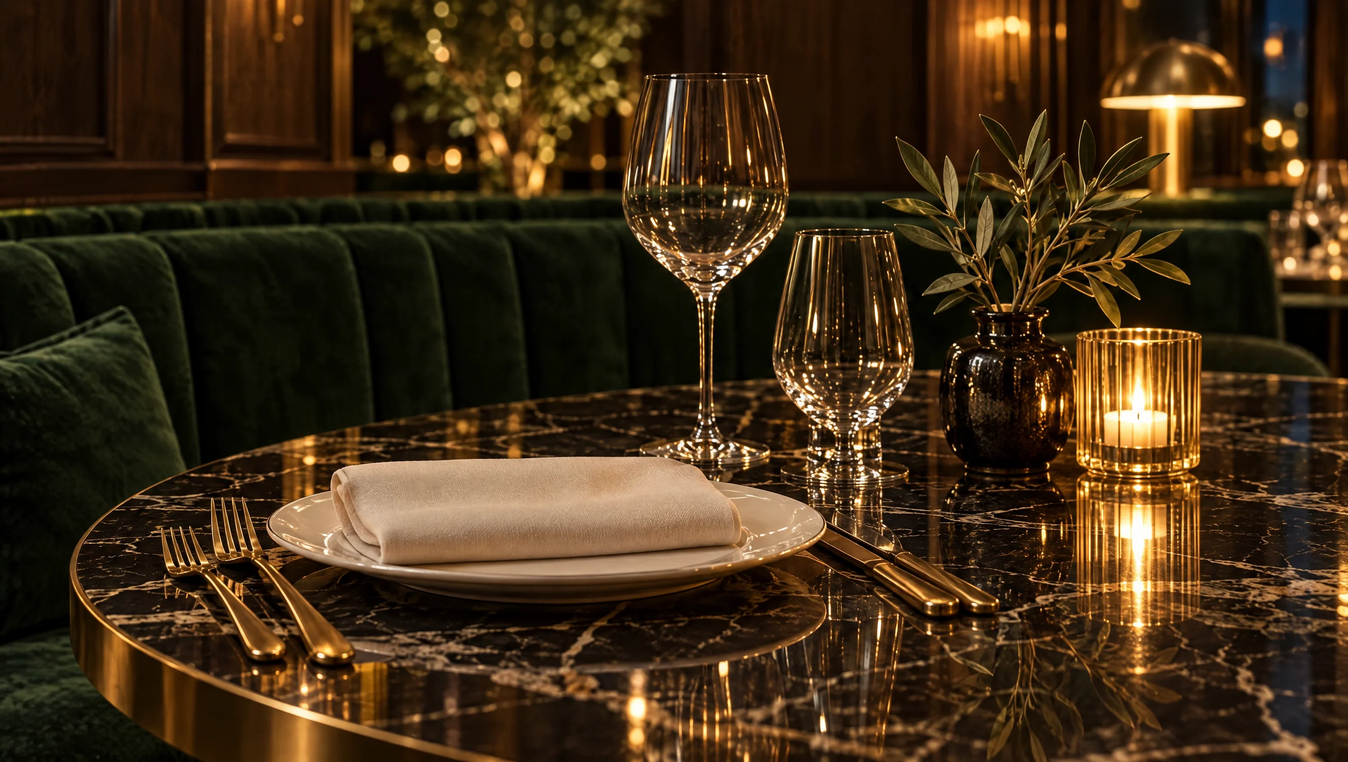 Ivory linen, brass cutlery and crystal glasses in warm candlelight on a black marble table.