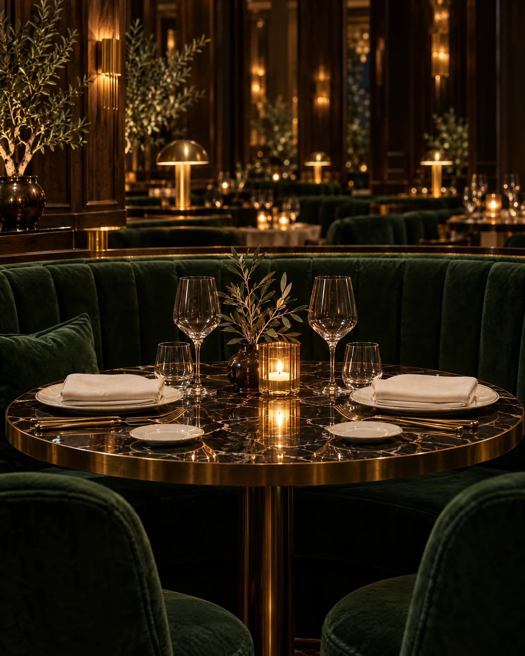 A candlelit table for two beside Verdant’s forest-green velvet banquette.