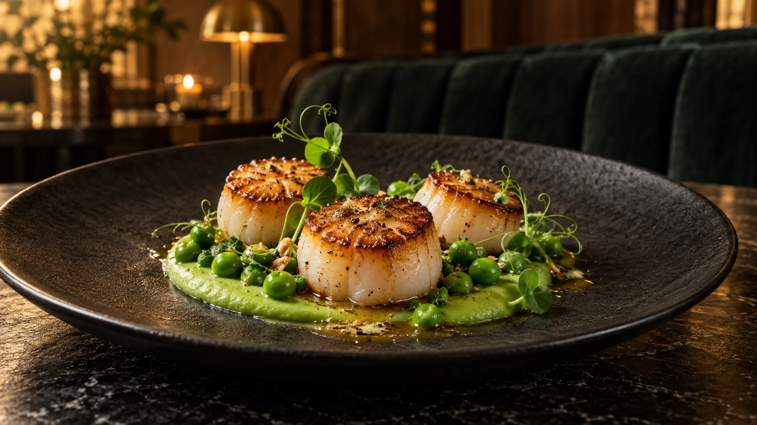 Seared scallops with pea purée and brown butter on a dark ceramic plate