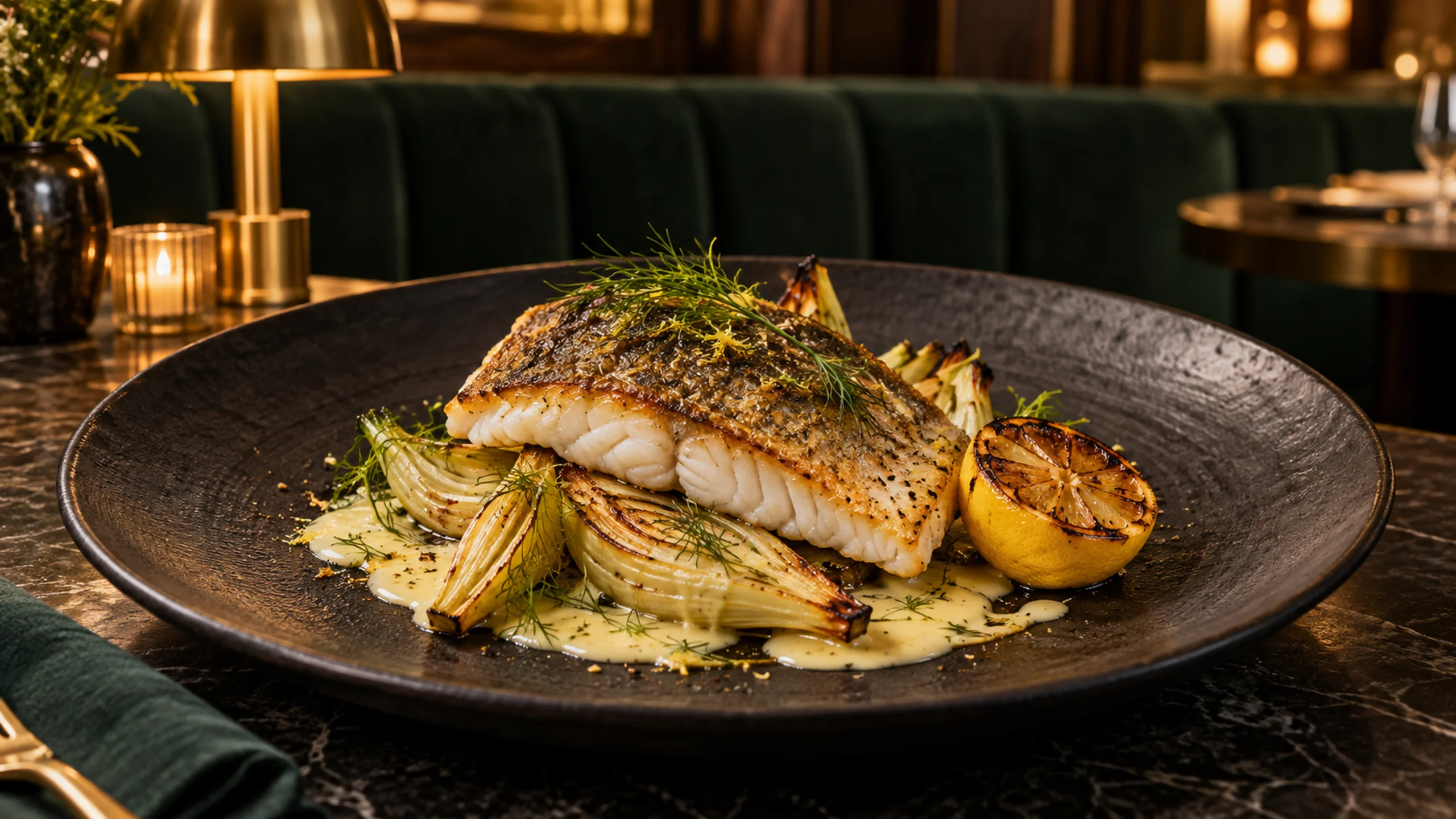 Crisp-skinned sea bass with braised fennel and lemon butter