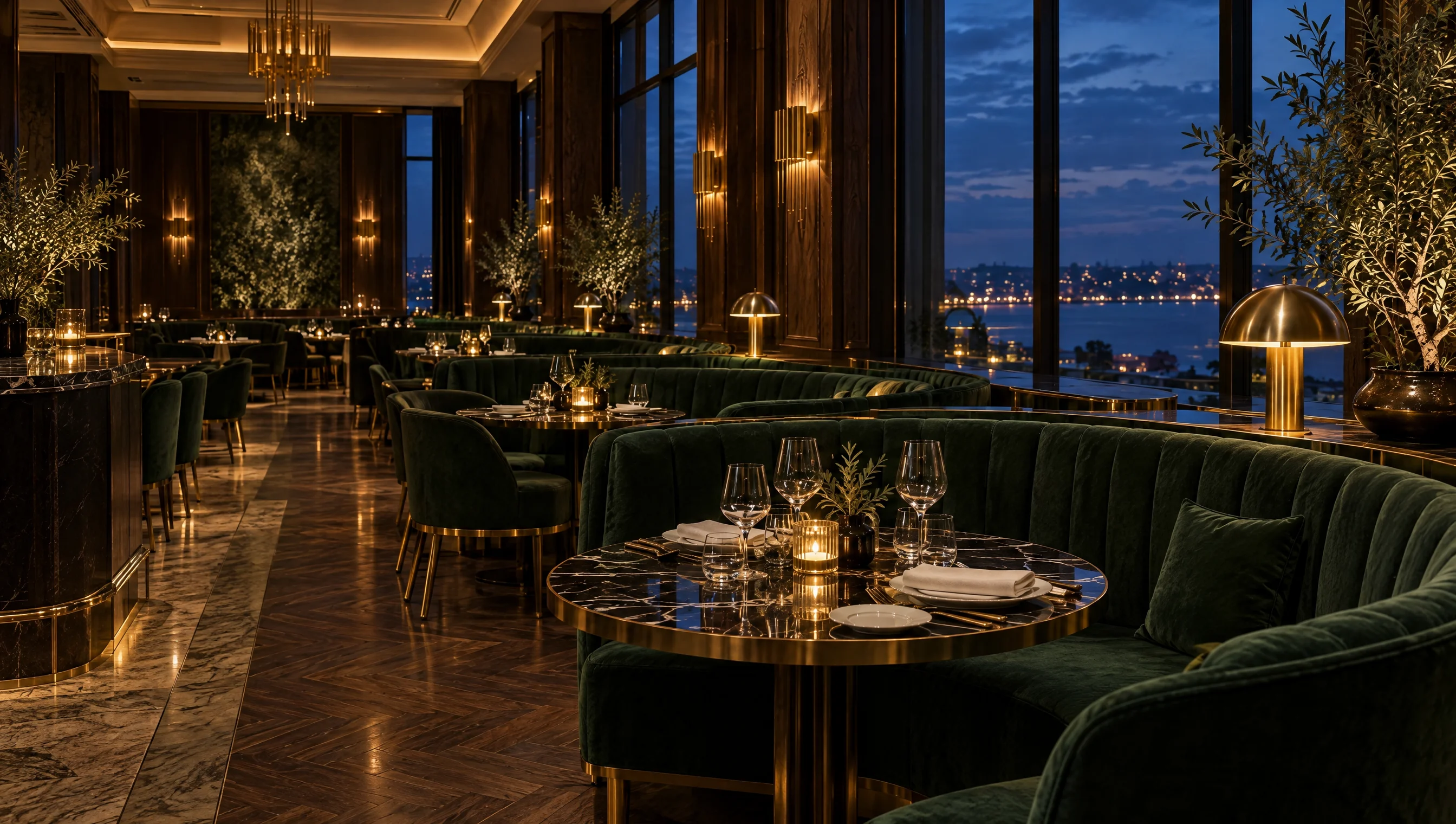 Candlelit marble tables along forest-green velvet banquettes beside tall evening windows