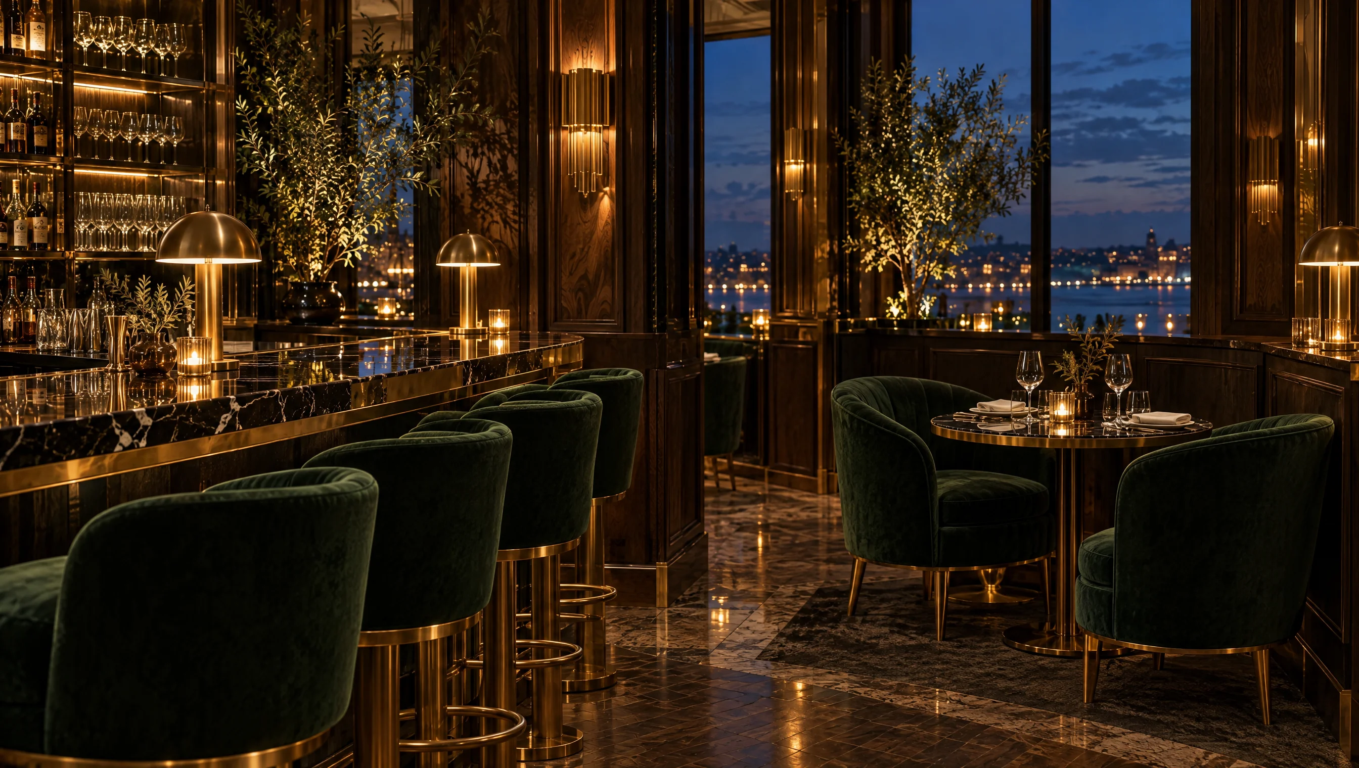 Green velvet stools beside a dark marble bar with warm brass lamps and glassware