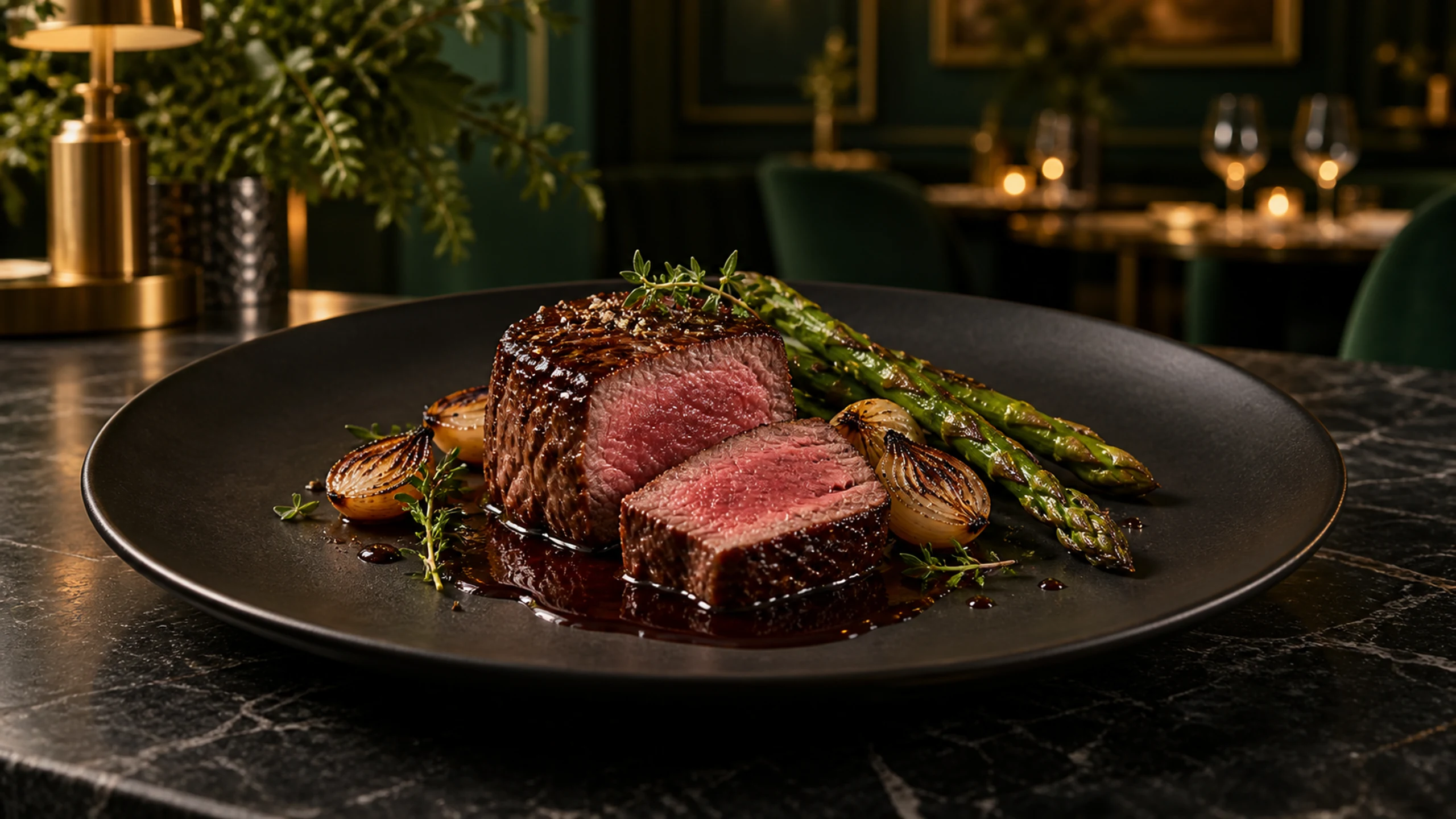 Sliced beef fillet with red-wine jus, charred shallots and asparagus on a charcoal plate