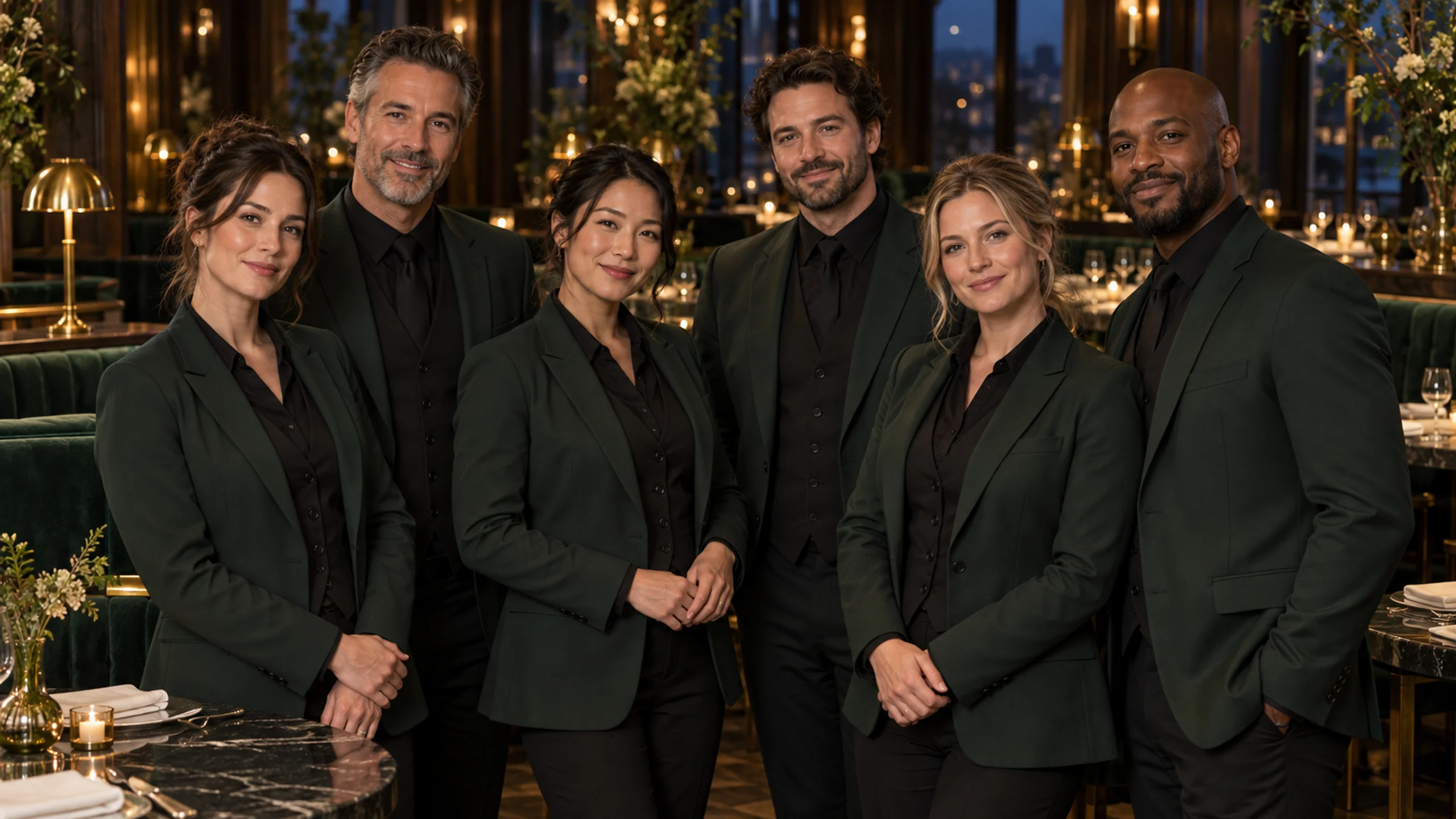 A restaurant team standing together in Verdant’s warmly lit dining room